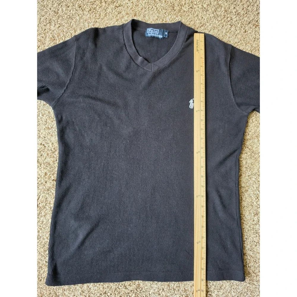 Polo Ralph Lauren Mens Black Waffle Knit Thermal V-Neck Long Sleeve Shirt M